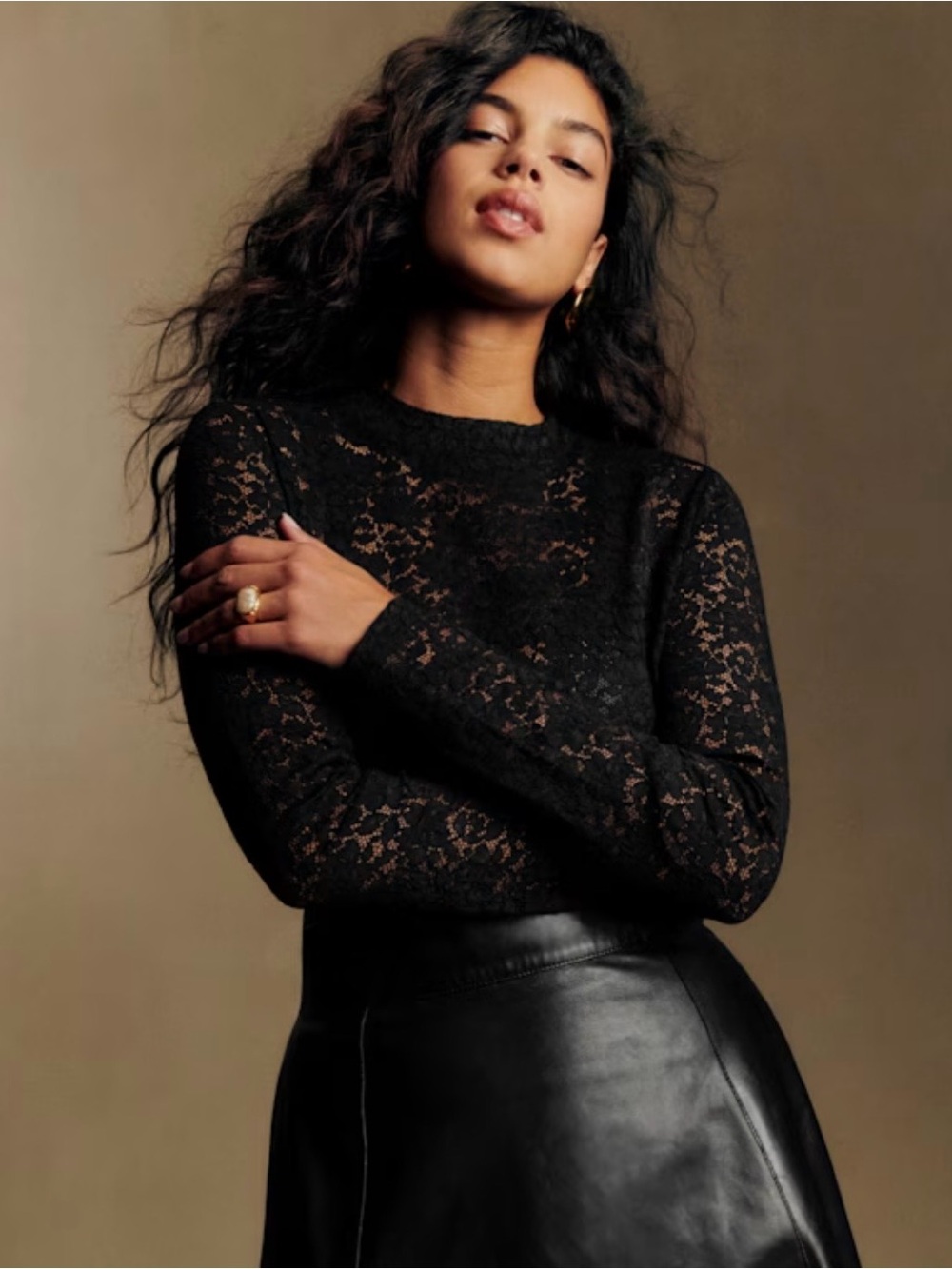 Sezane Black Lace Long-Sleeve Crewneck Top